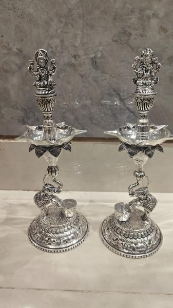 silver plated Lakshmi Ganesh Diya with elephants