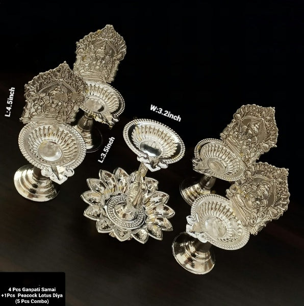 Silver Plated Set of 5 diyas - ganpati/Ganesh Diya, 1 Peacock Lotus Diya Set for Diwali