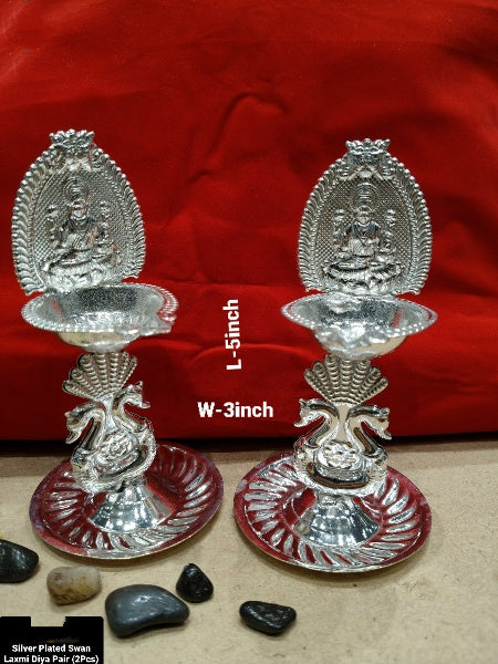 Silver Plated swan Lakshmi Diya Pair Set, 5" for Housewarming/Diwali Pooja