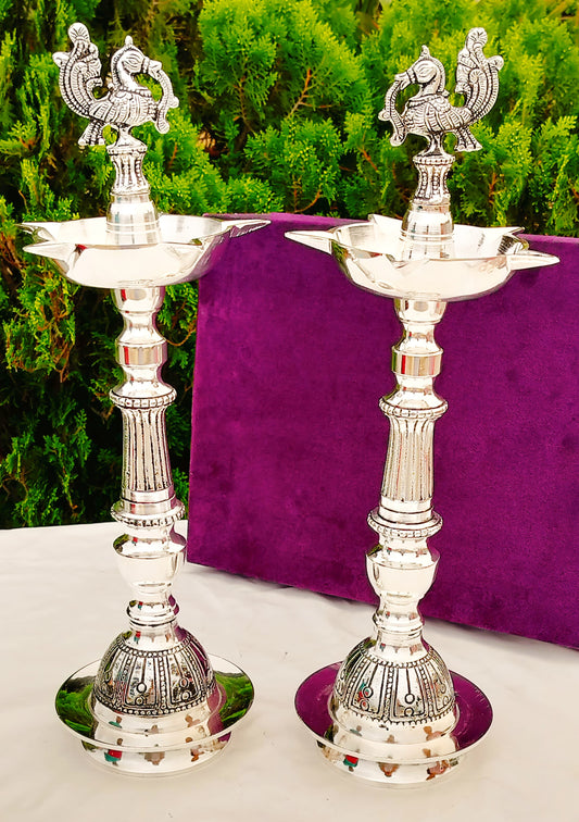 Antique finish  German silver peacock diya pair for diwali/ temple/ housewarming pooja/ gift item