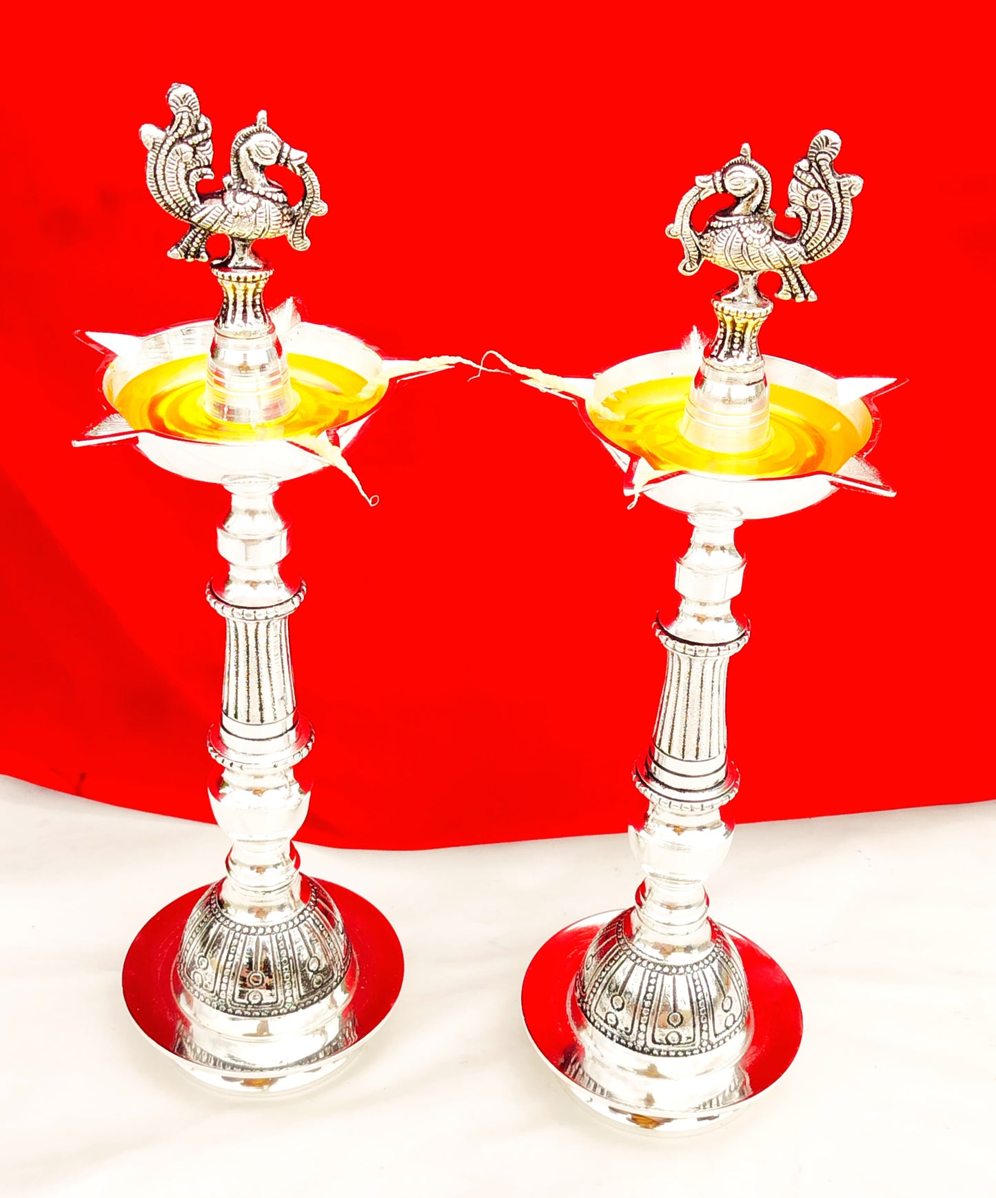 Antique finish  German silver peacock diya pair for diwali/ temple/ housewarming pooja/ gift item