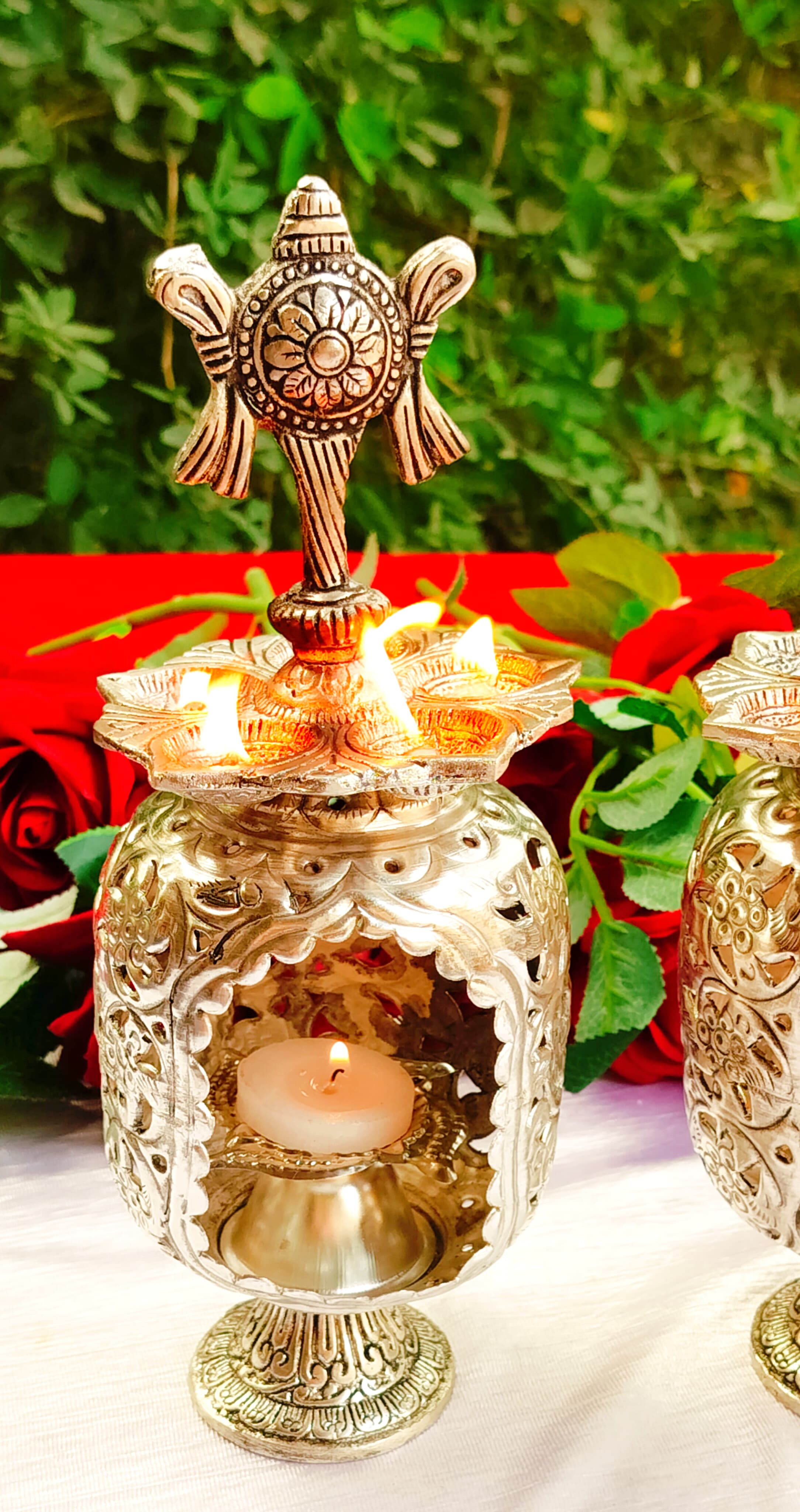 German Silver Antique Finish Panchmukhi shanku Chakra Diya Pair