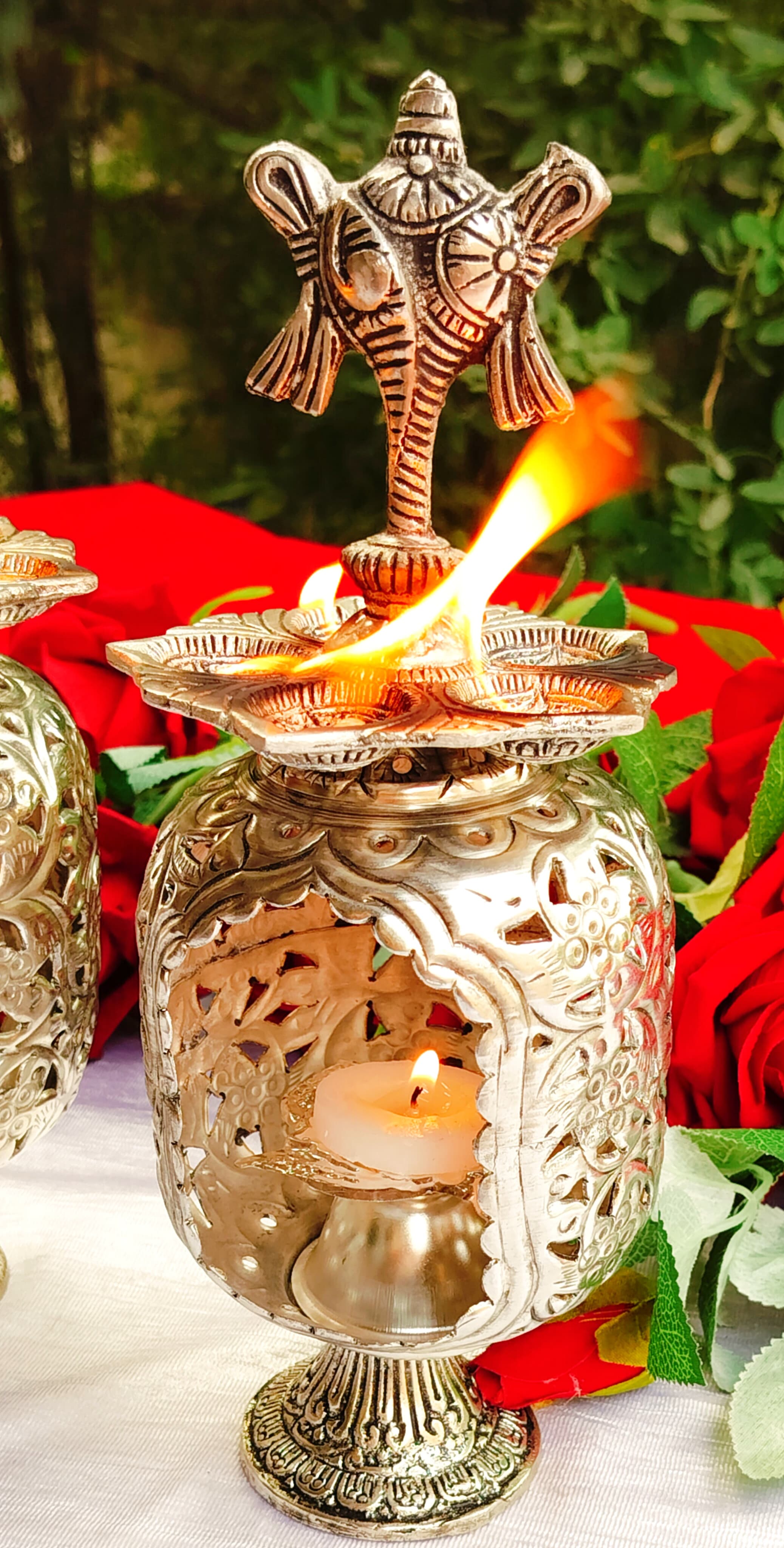 German Silver Antique Finish Panchmukhi shanku Chakra Diya Pair