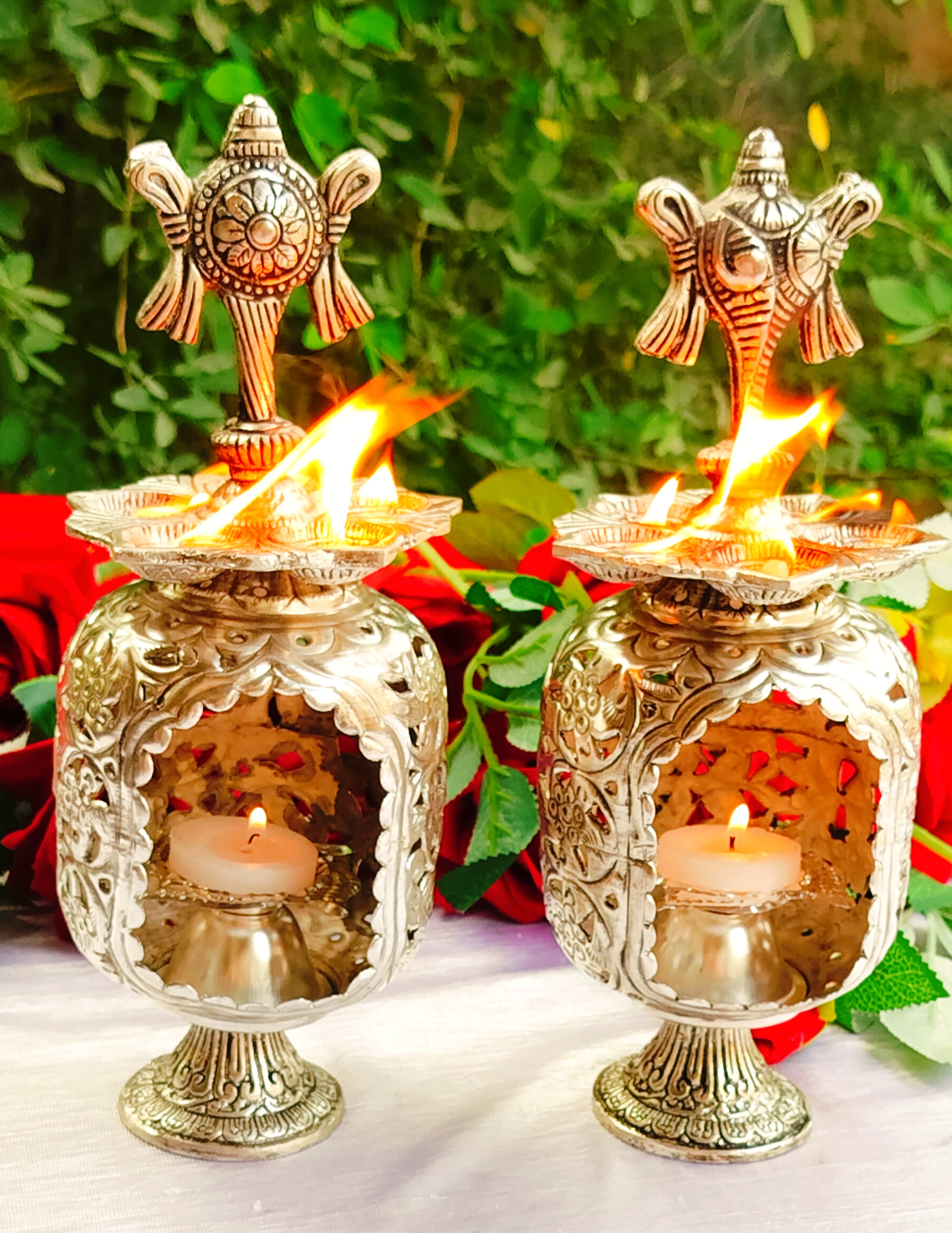 German Silver Antique Finish Panchmukhi shanku Chakra Diya Pair