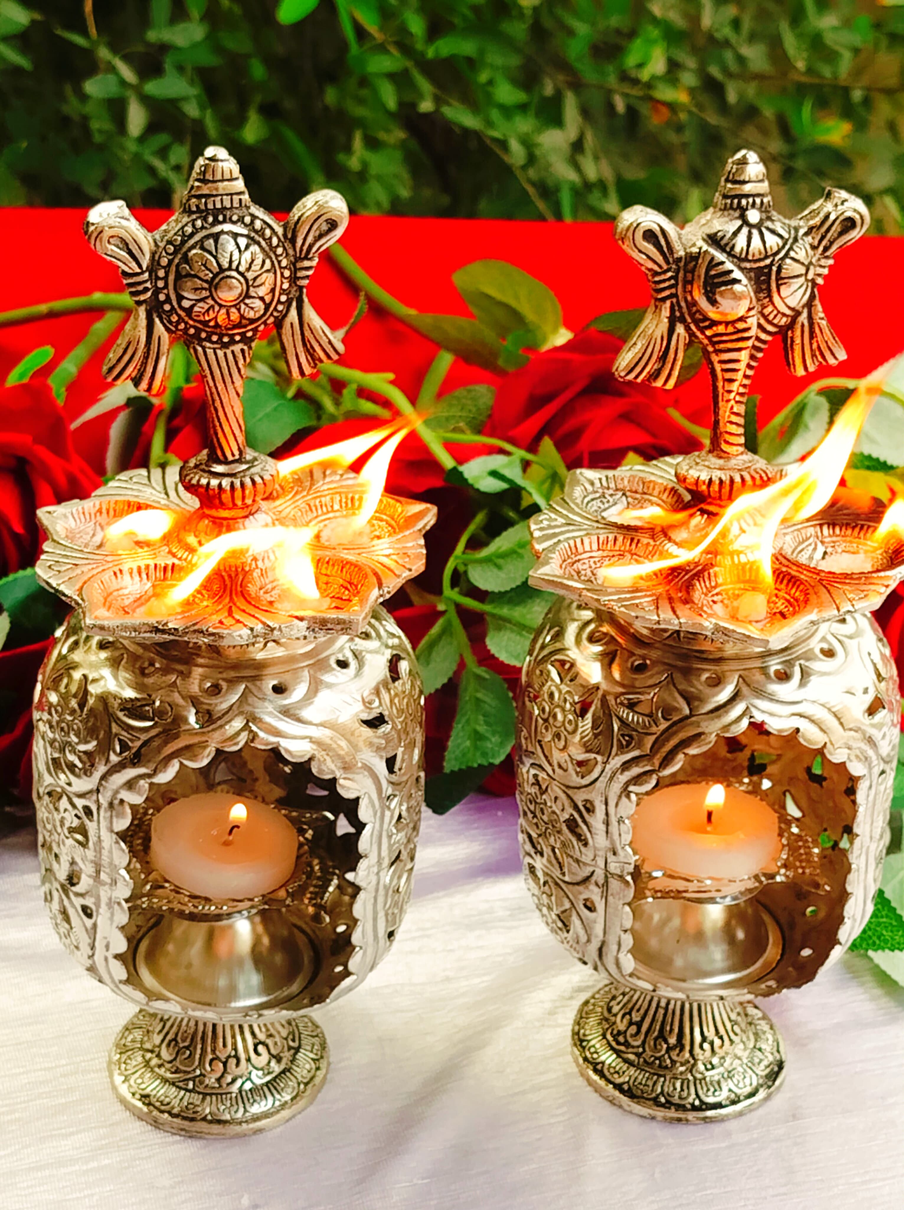 German Silver Antique Finish Panchmukhi shanku Chakra Diya Pair