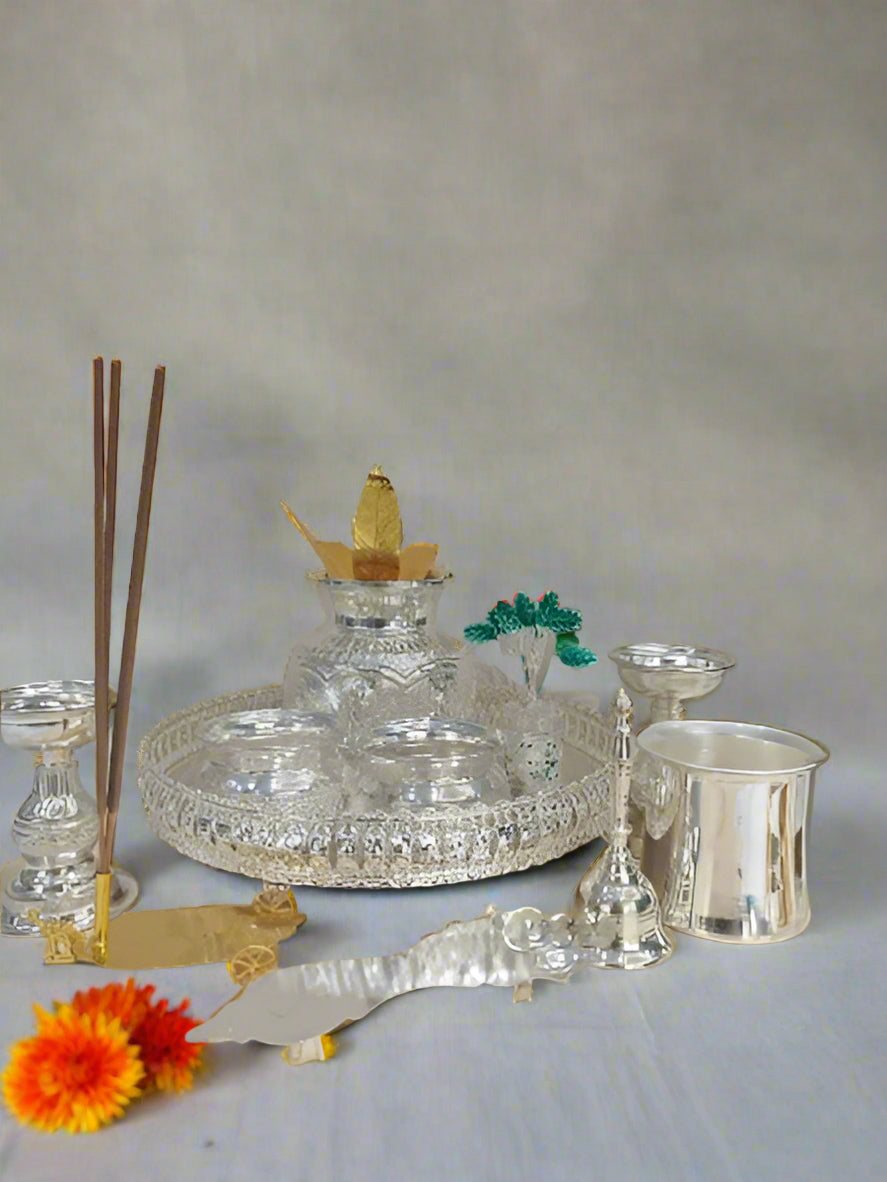 German Silver Pooja thali Set of 11 Pieces for Diwali/housewarming/Gift Item