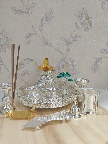 German Silver Pooja thali Set of 11 Pieces for Diwali/housewarming/Gift Item