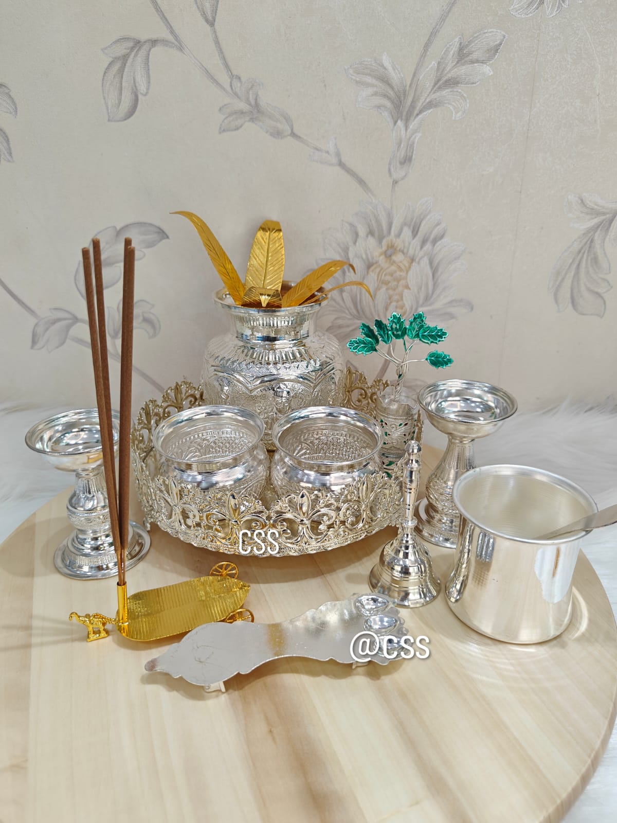 German Silver Pooja thali Set of 11 Pieces for Diwali/housewarming
