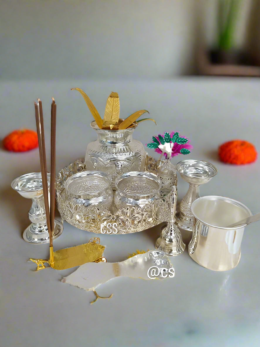 German Silver Pooja thali Set of 11 Pieces for Diwali/housewarming