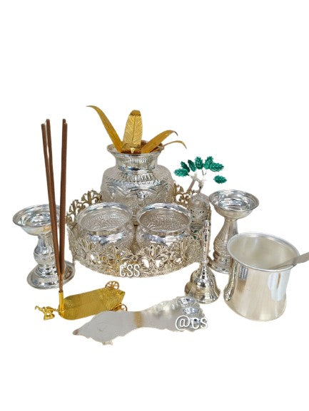 German Silver Pooja thali Set of 11 Pieces for Diwali/housewarming