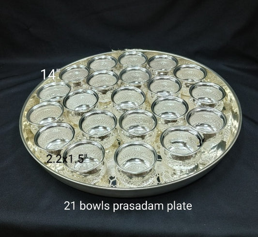 german silver big thaal plate14" with 21 bowls for prasad/ sweets/ snacks/ gift item