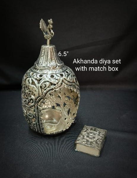 Antique finish German silver 1 peacock Diya with match box cover