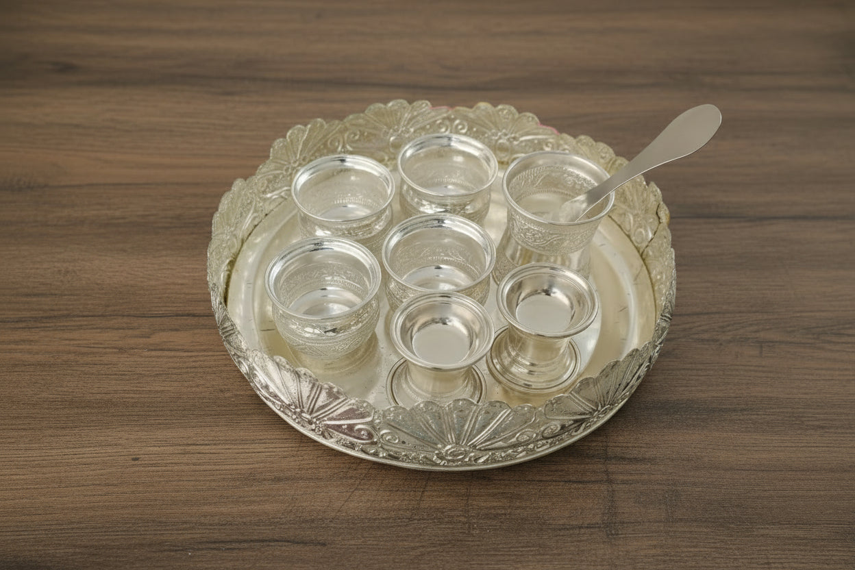 German Silver Pooja Thali Set – 9 Pieces  Elegant Spiritual Gift for Diwali, Housewarming & Home Pooja