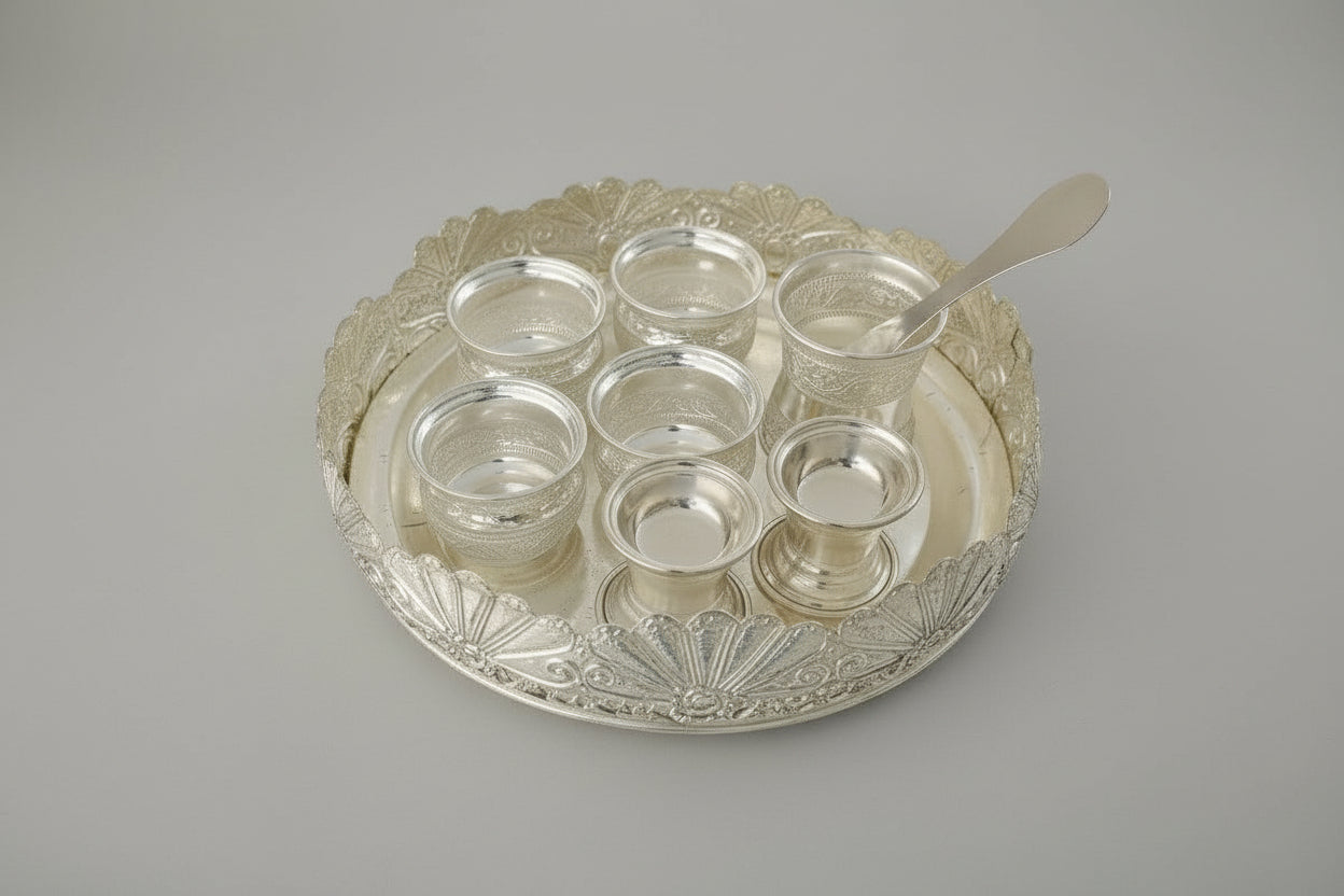 German Silver Pooja Thali Set – 9 Pieces  Elegant Spiritual Gift for Diwali, Housewarming & Home Pooja