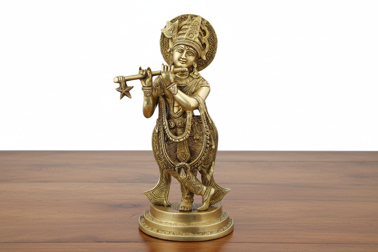 Brass Krishna Playing Flute Idol  Spiritual Home Décor & Gift for Pooja, Diwali, Housewarming