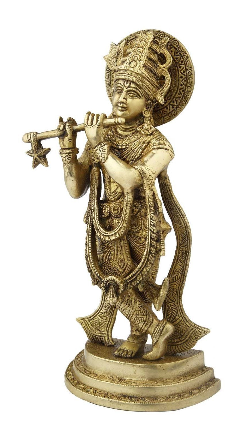 Brass Krishna Playing Flute Idol  Spiritual Home Décor & Gift for Pooja, Diwali, Housewarming