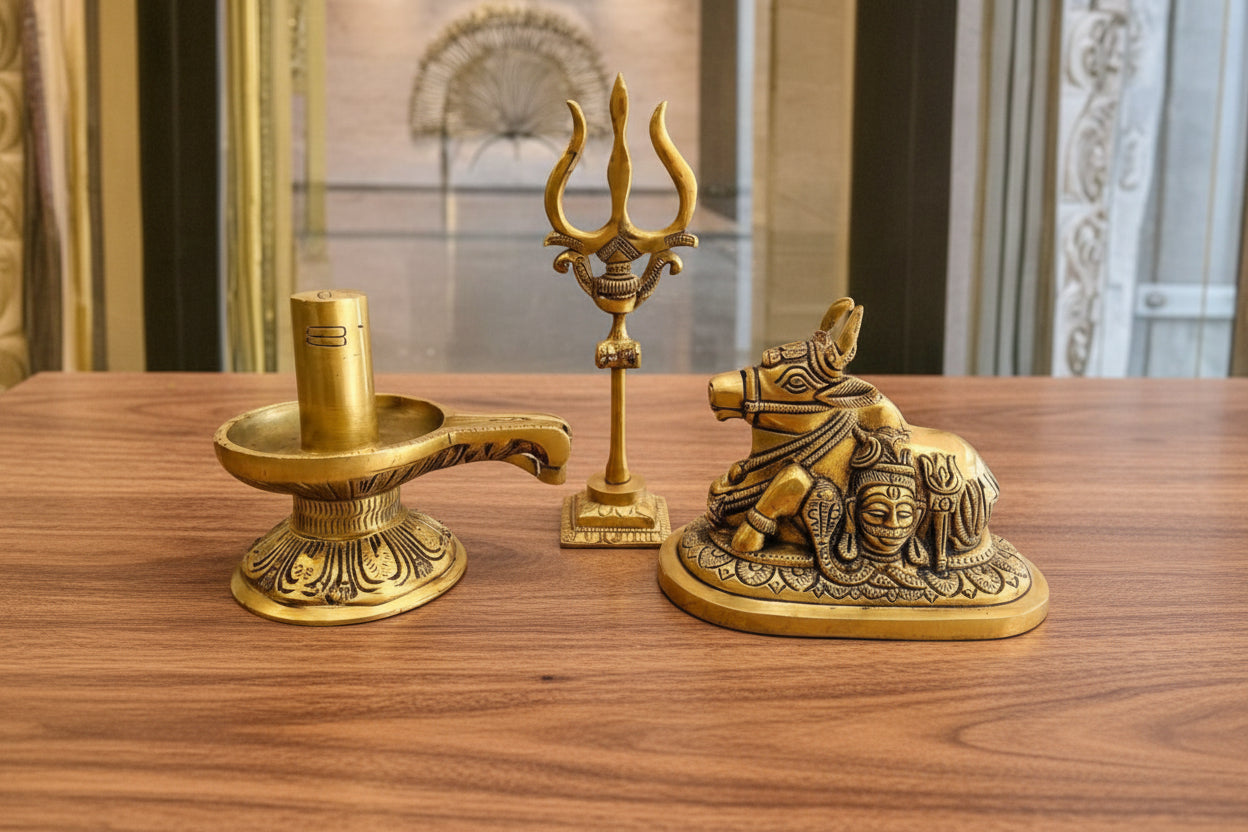 Handcrafted Brass Shivling with Trishul & Nandi – Sacred Hindu Temple Set
