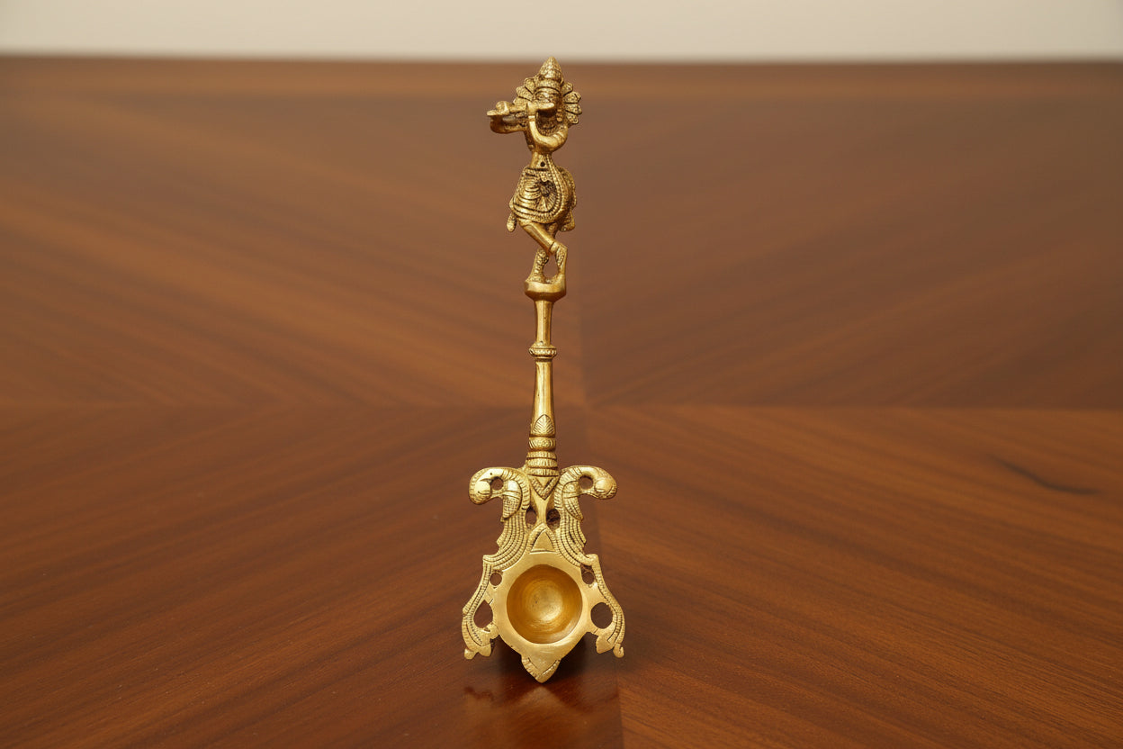 Handcrafted Brass Krishna Aarti Spoon – Divine Puja Accessory