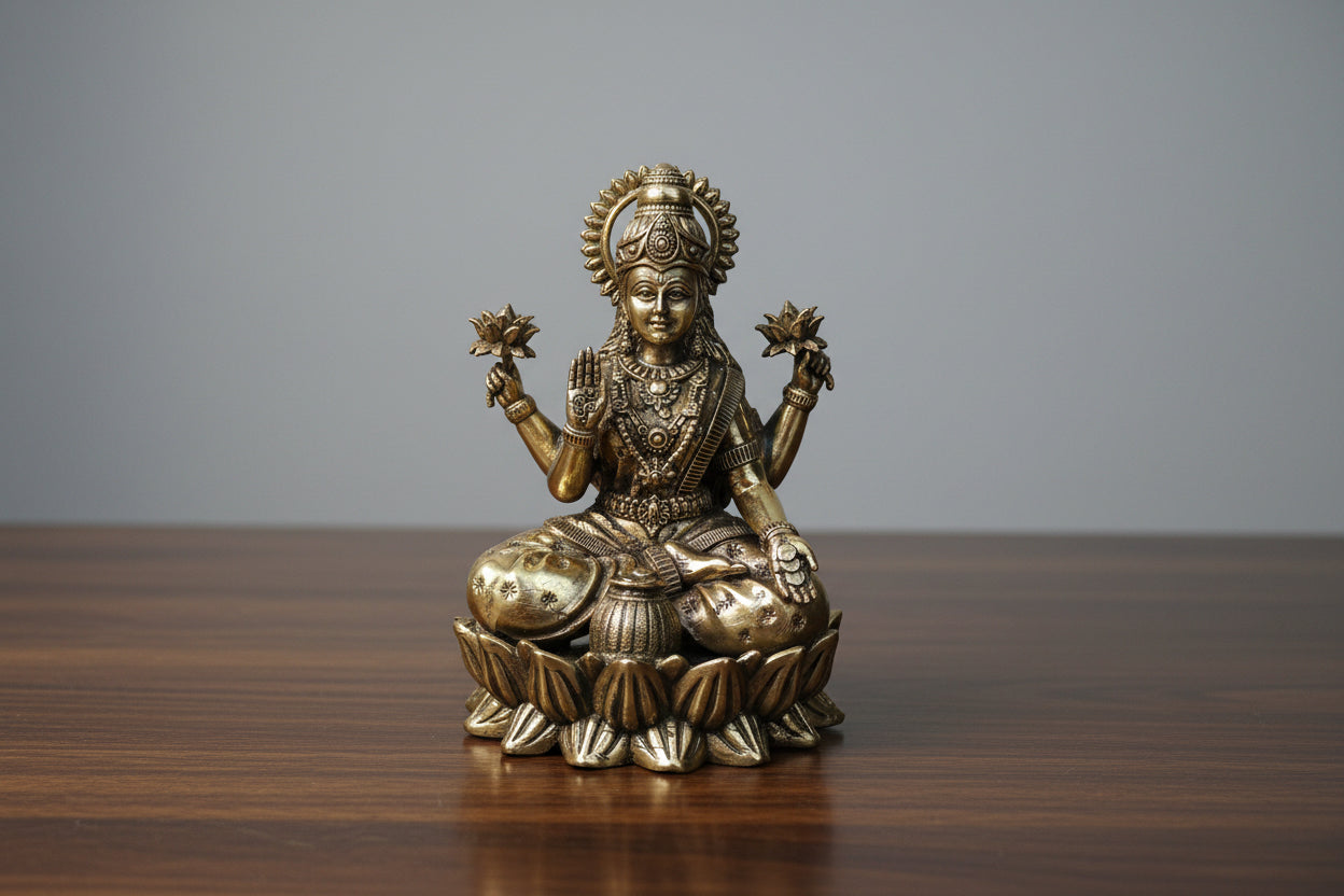 Handcrafted Lakshmi on Lotus Brass Figurine – Small Divine Prosperity Symbol