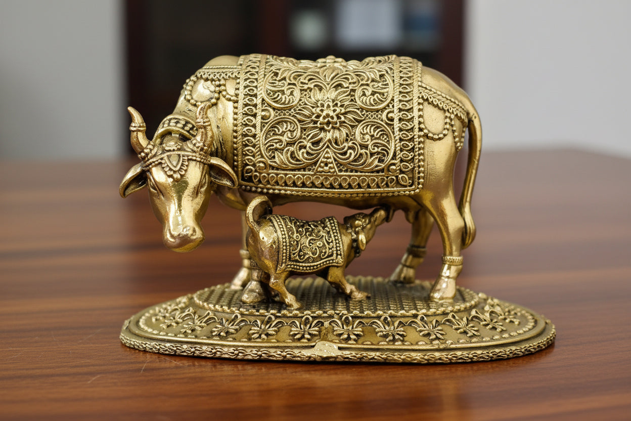Handcrafted Brass Cow and Calf Statue – Sacred Symbol of Nurturing & Prosperity