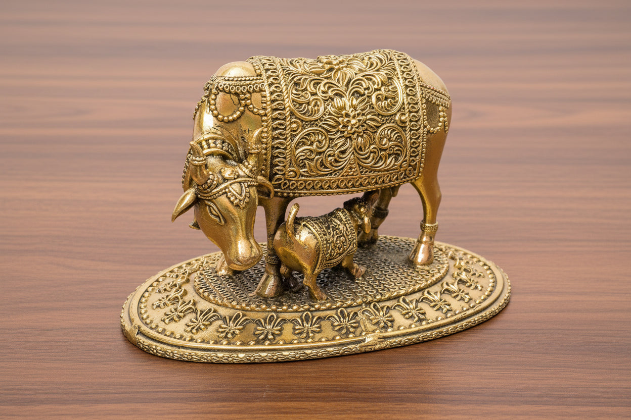Handcrafted Brass Cow and Calf Statue – Sacred Symbol of Nurturing & Prosperity