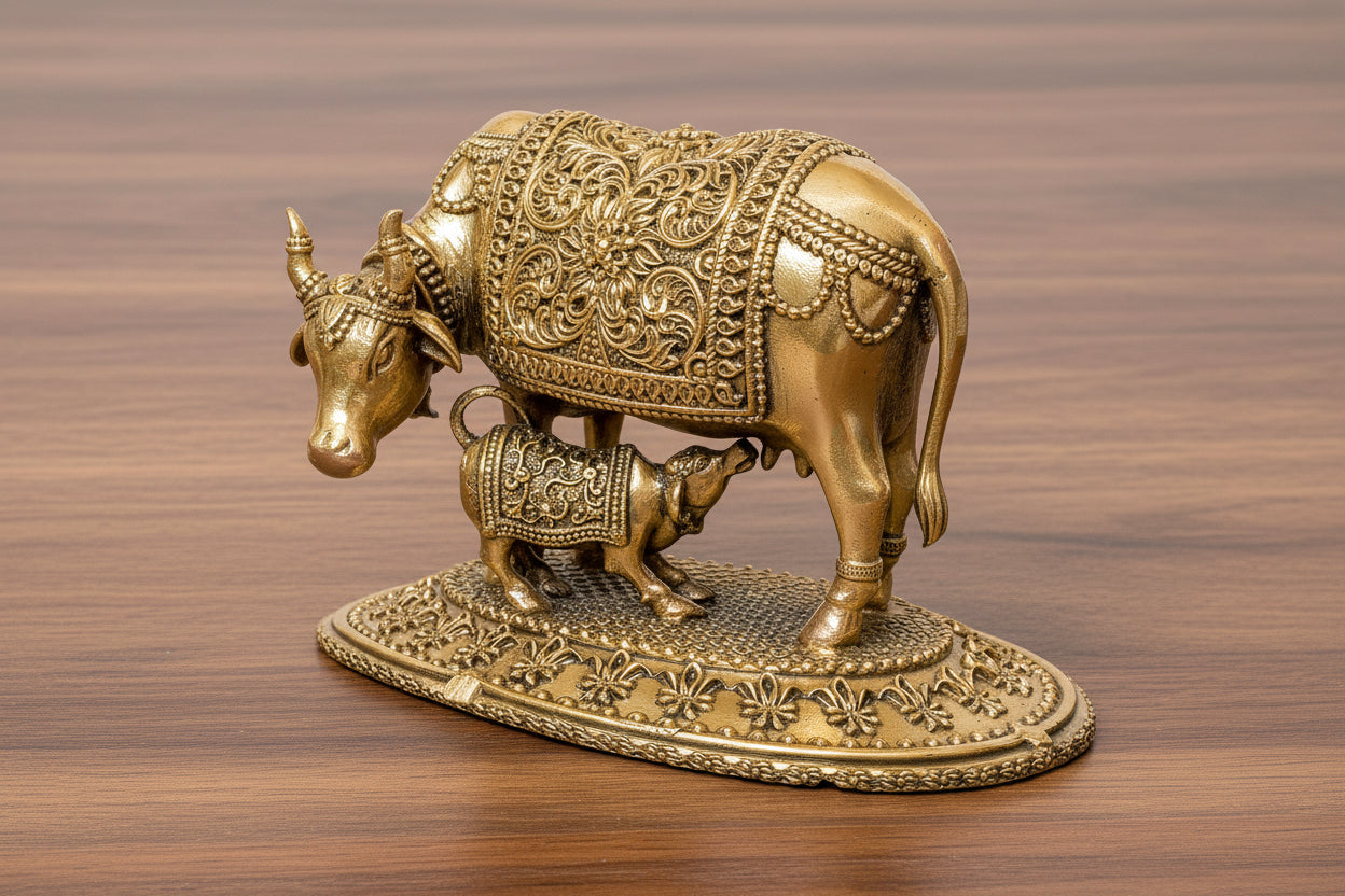 Handcrafted Brass Cow and Calf Statue – Sacred Symbol of Nurturing & Prosperity