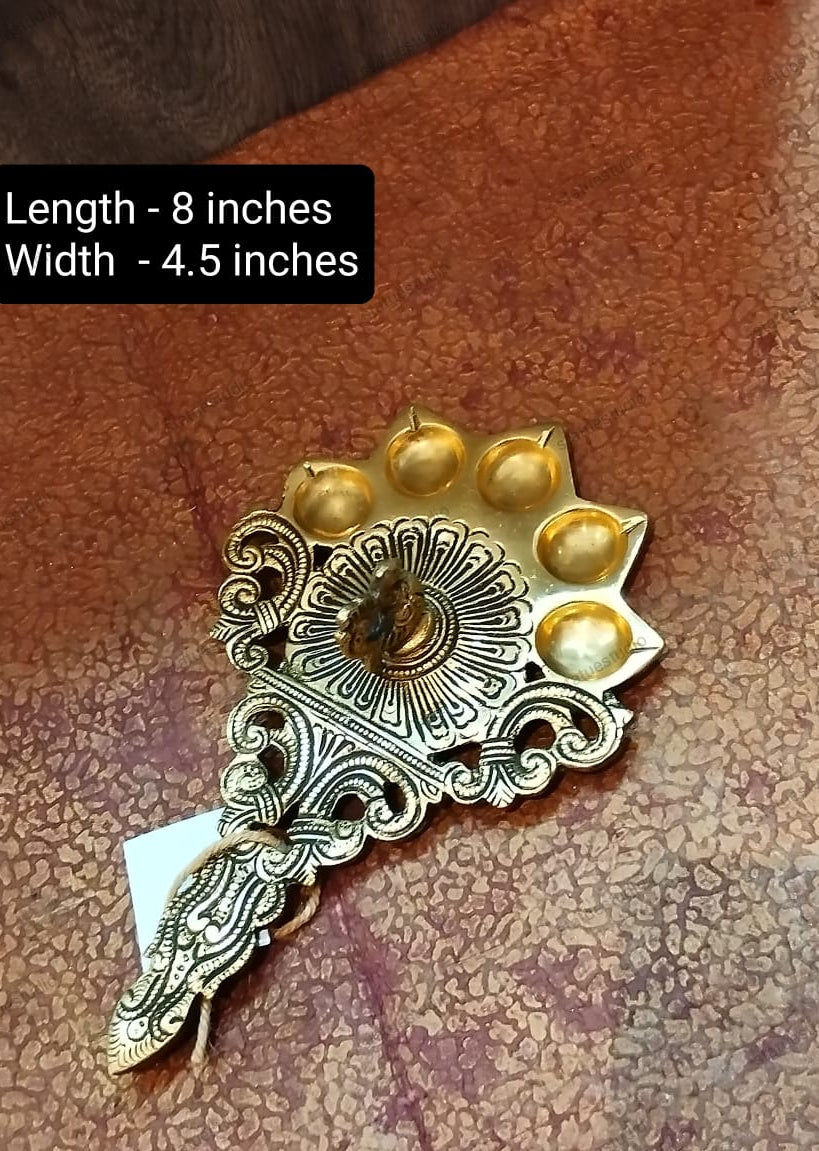 Brass Peacock Design Five Oil Wick Diya – Panchapradeep Aarti Lamp with Handle for Puja