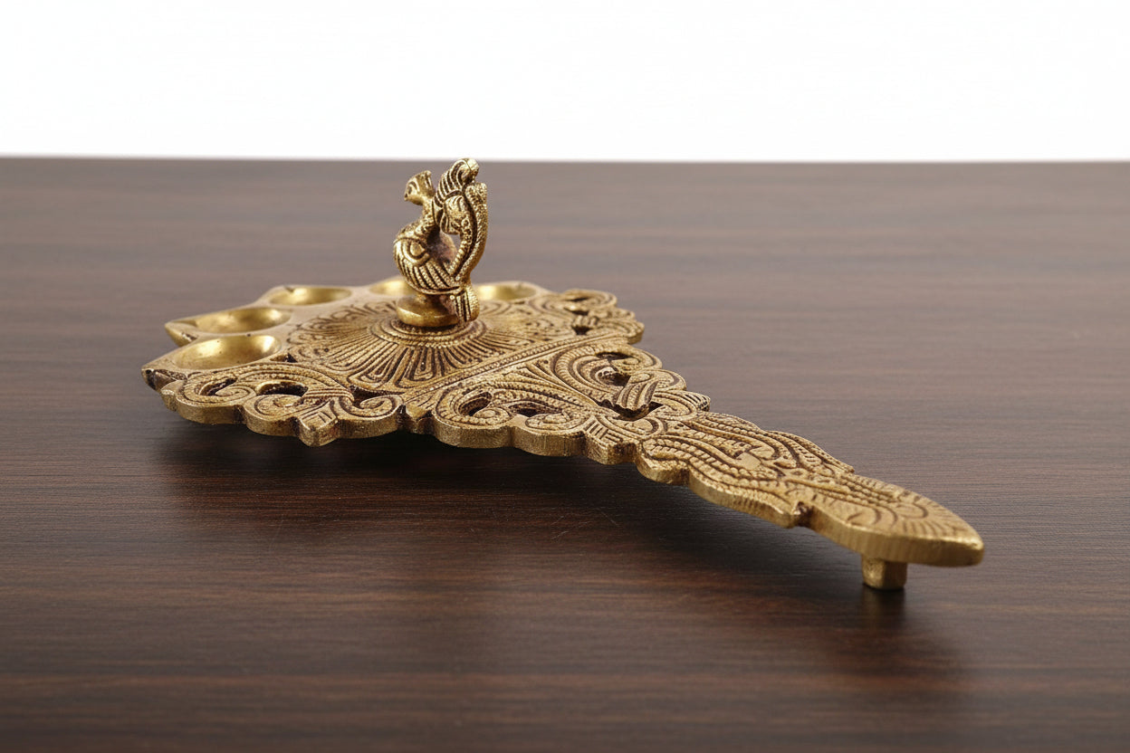 Brass Peacock Design Five Oil Wick Diya – Panchapradeep Aarti Lamp with Handle for Puja