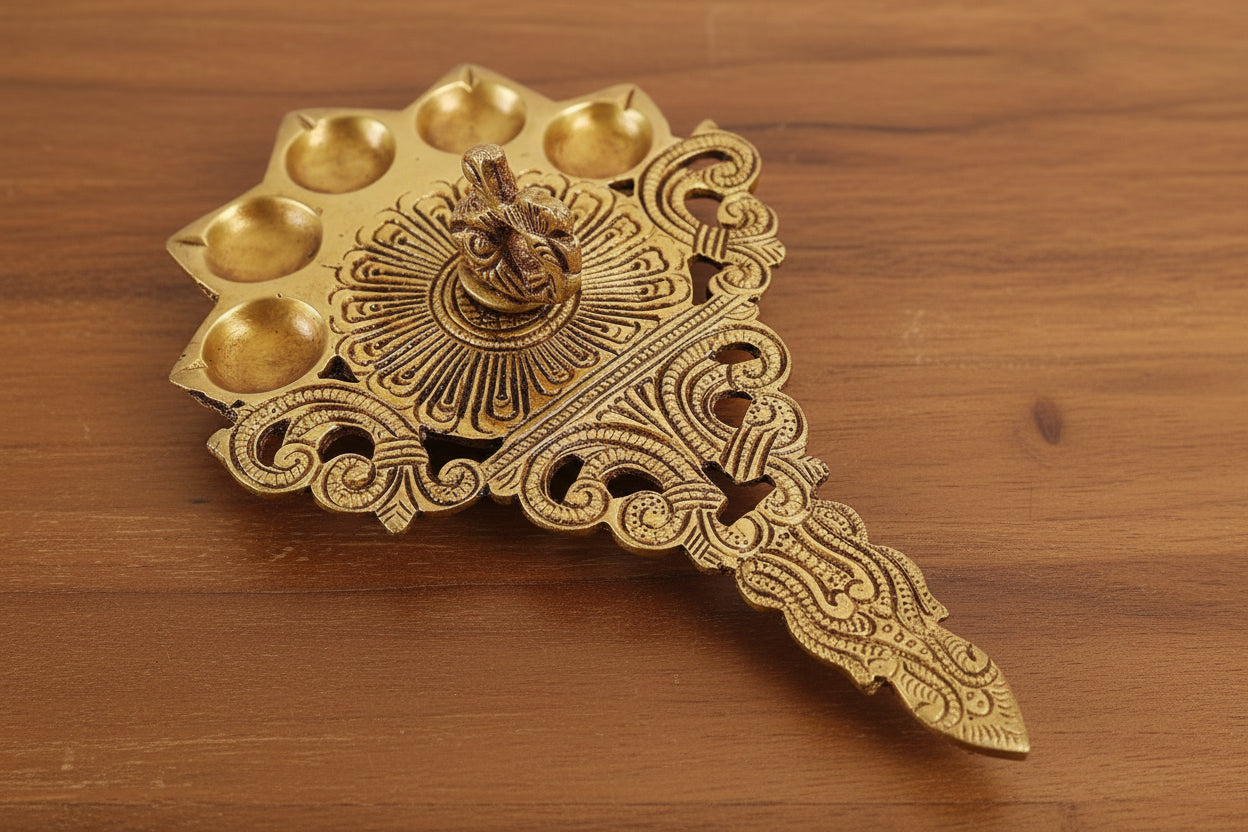 Brass Peacock Design Five Oil Wick Diya – Panchapradeep Aarti Lamp with Handle for Puja