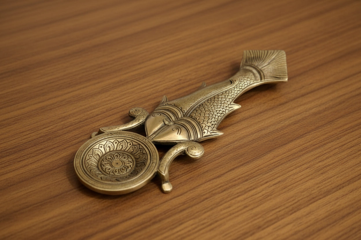 Handcrafted Brass Fish Aarti Spoon – Unique Puja Accessory for Rituals & Décor