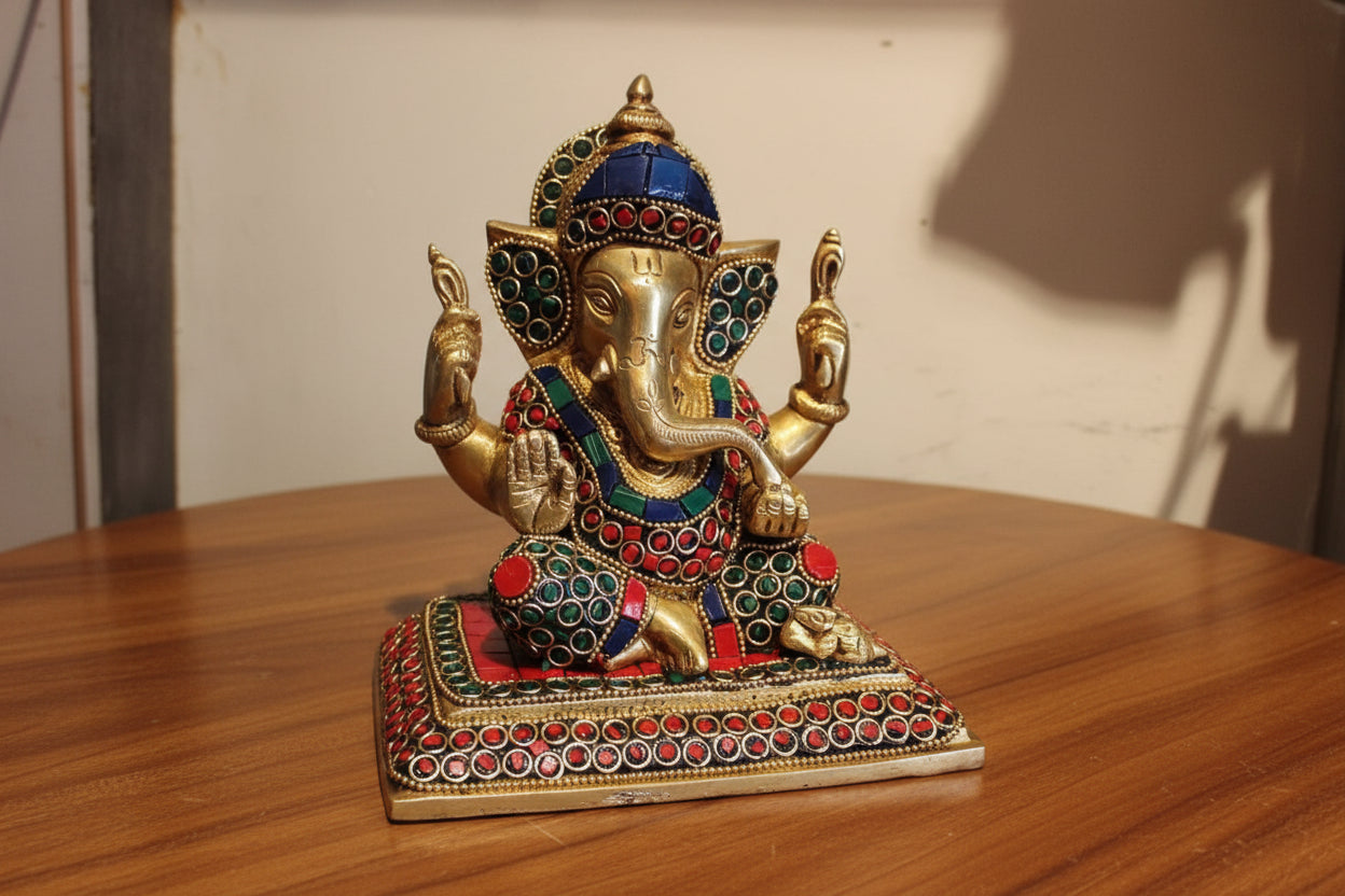 Handcrafted Brass Ganesh on Stool with Mushak – Divine Stonework Figurine for Prosperity & Blessings