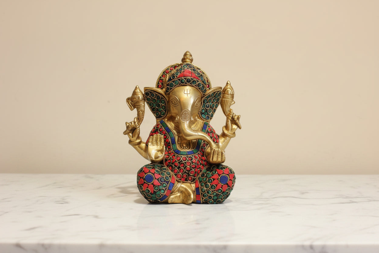 Handcrafted Brass Ganesh Figurine with Stonework – Divine Prosperity & Obstacle Remover