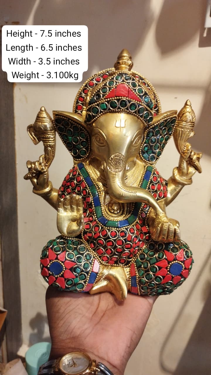 Handcrafted Brass Ganesh Figurine with Stonework – Divine Prosperity & Obstacle Remover