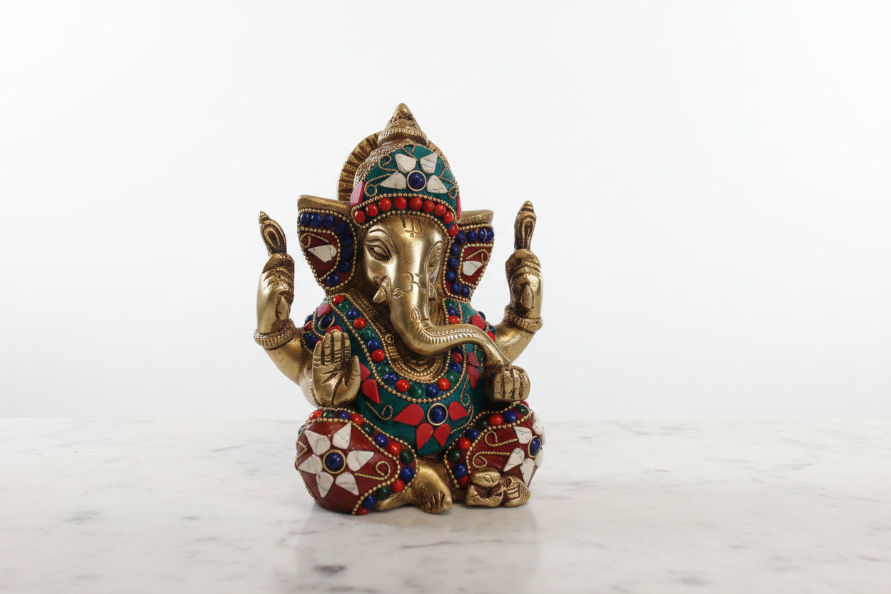 Handcrafted Brass Ganesh idol with Stonework – Divine Prosperity & Obstacle Remover