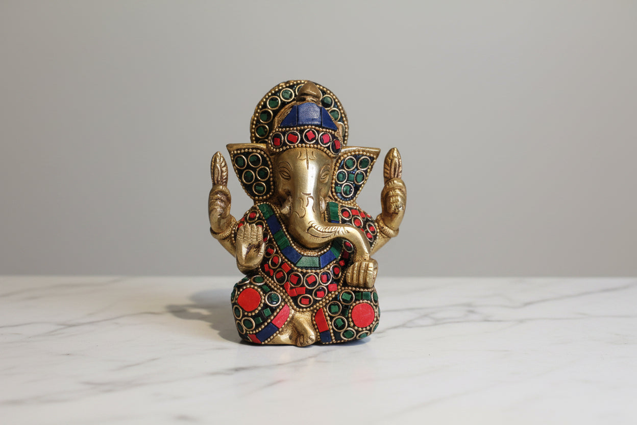 Handcrafted Brass Ganesh idol statue with Stonework – Divine Prosperity & Obstacle Remover