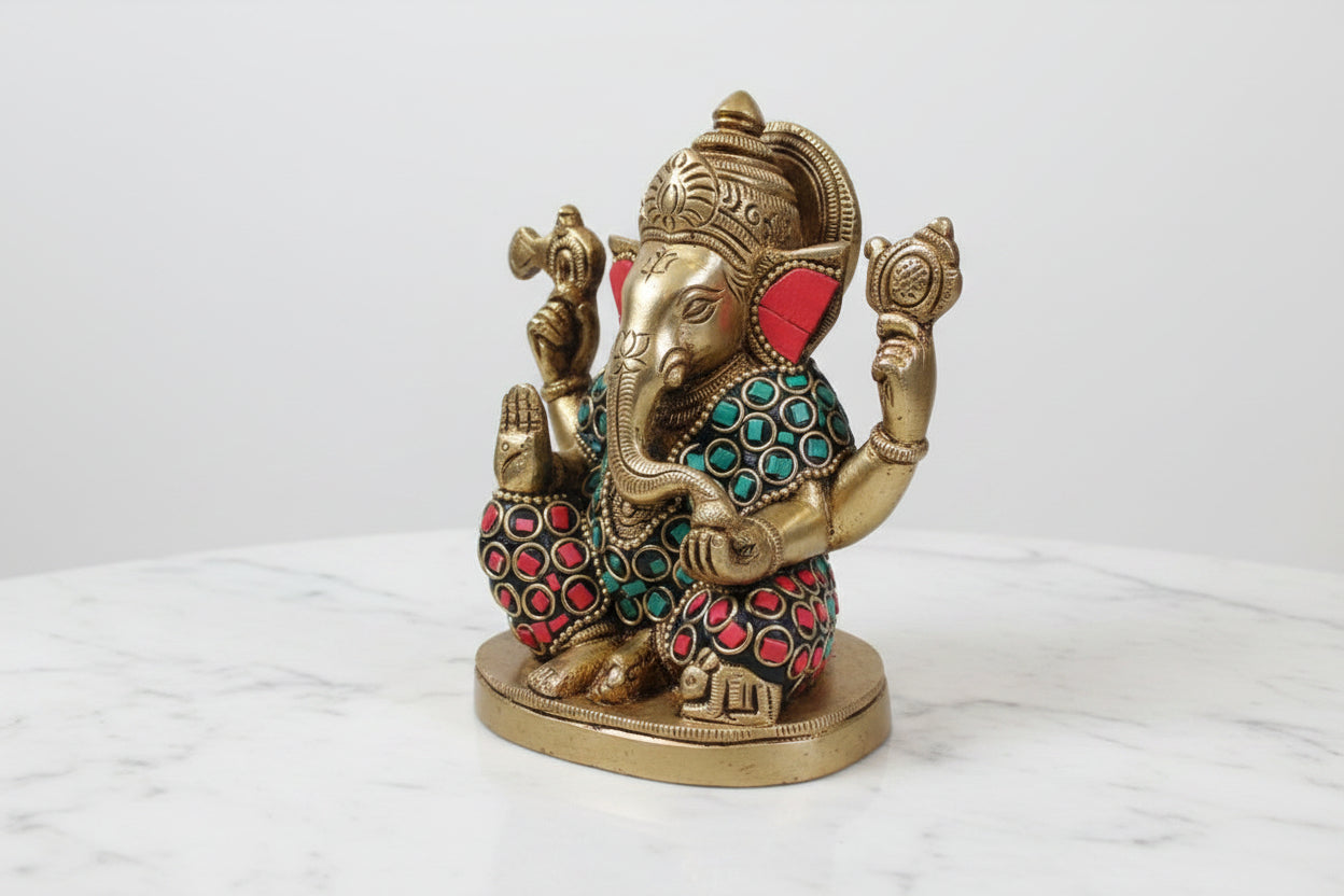 Handcrafted Brass sitting Ganesh idol statue with Stonework – Divine Prosperity & Obstacle Remover