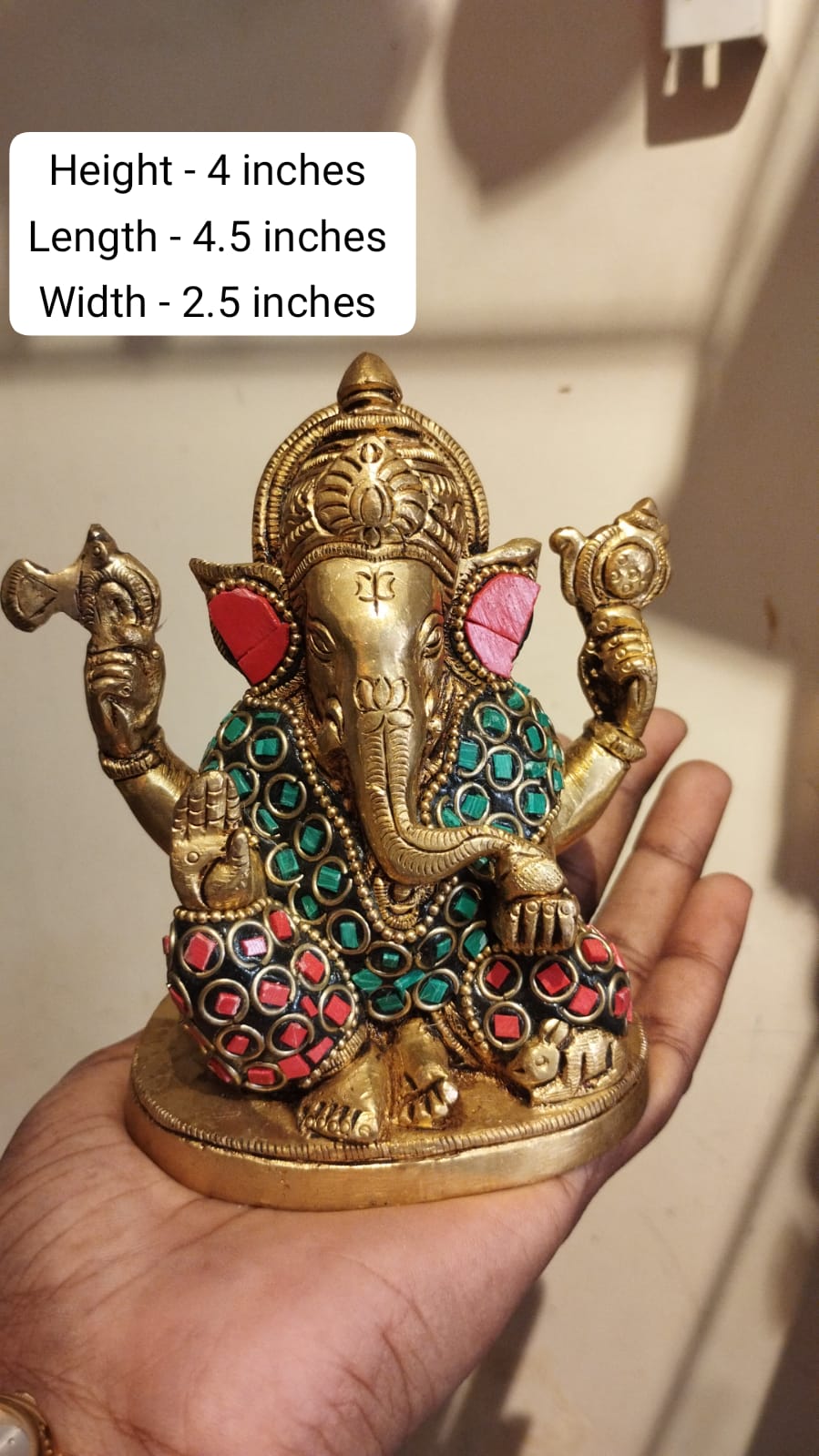 Handcrafted Brass sitting Ganesh idol statue with Stonework – Divine Prosperity & Obstacle Remover