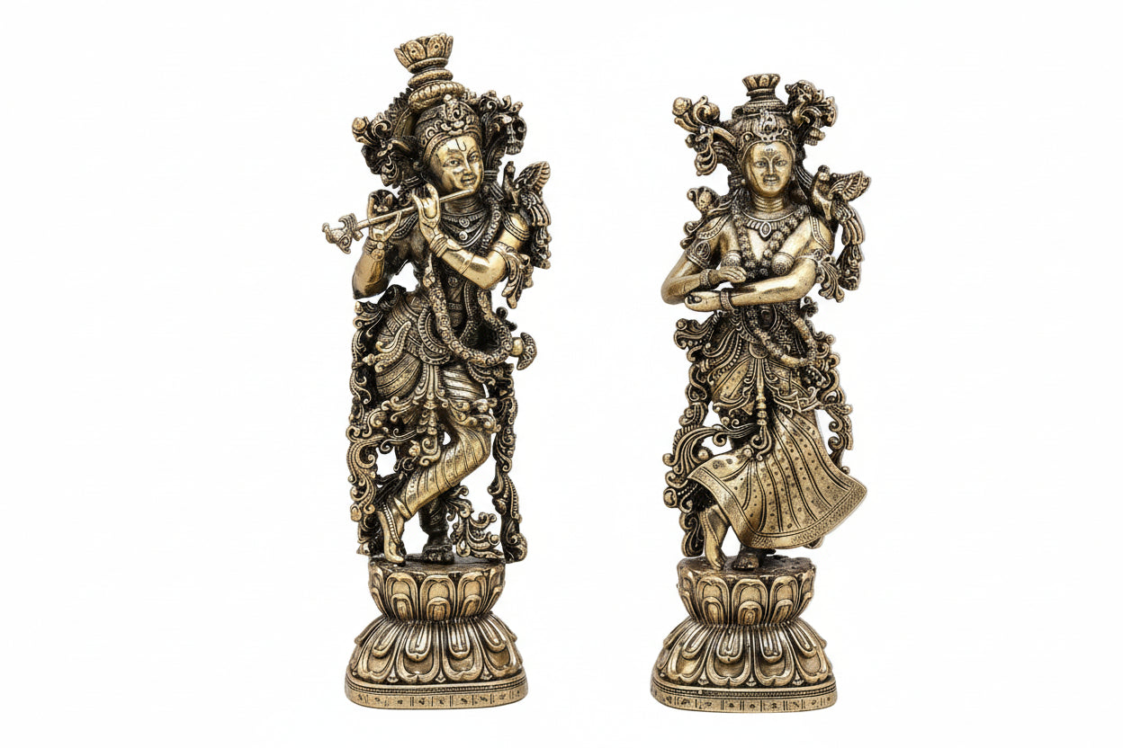 Handcrafted Brass Radha Krishna Statue – Fully Carved Divine Symbol of Love & Devotion