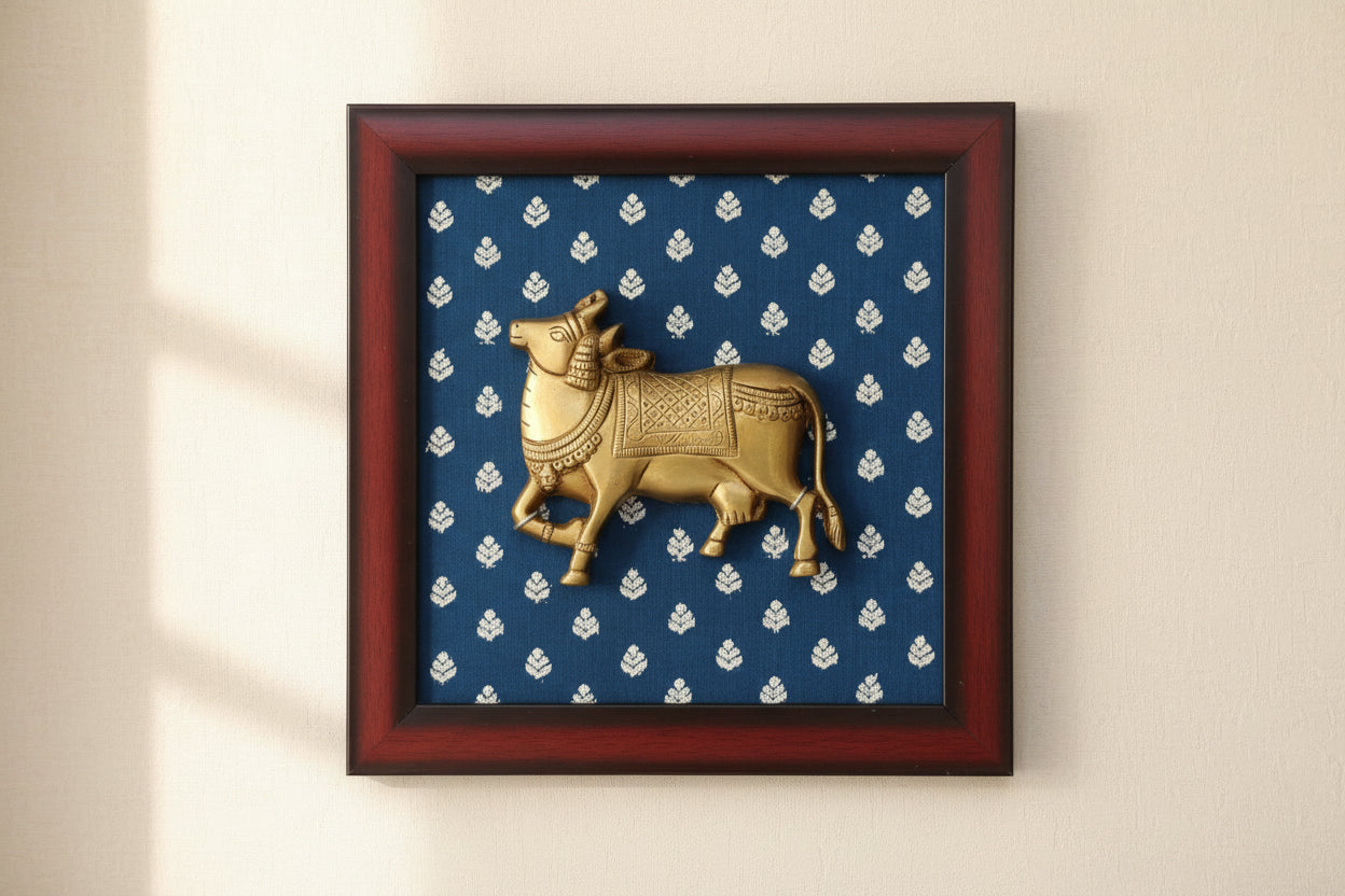 Handcrafted Brass Nandi with Wooden Frame – Sacred Wall Hanging for Puja & Home Décor
