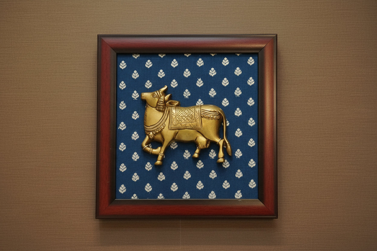 Handcrafted Brass Nandi with Wooden Frame – Sacred Wall Hanging for Puja & Home Décor