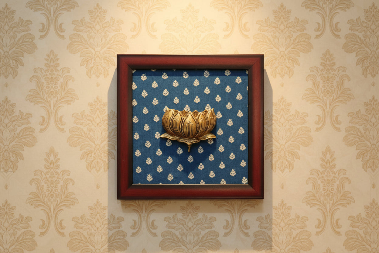 Handcrafted Brass Lotus with Wooden Frame – Divine Wall Hanging for Puja & Home Décor