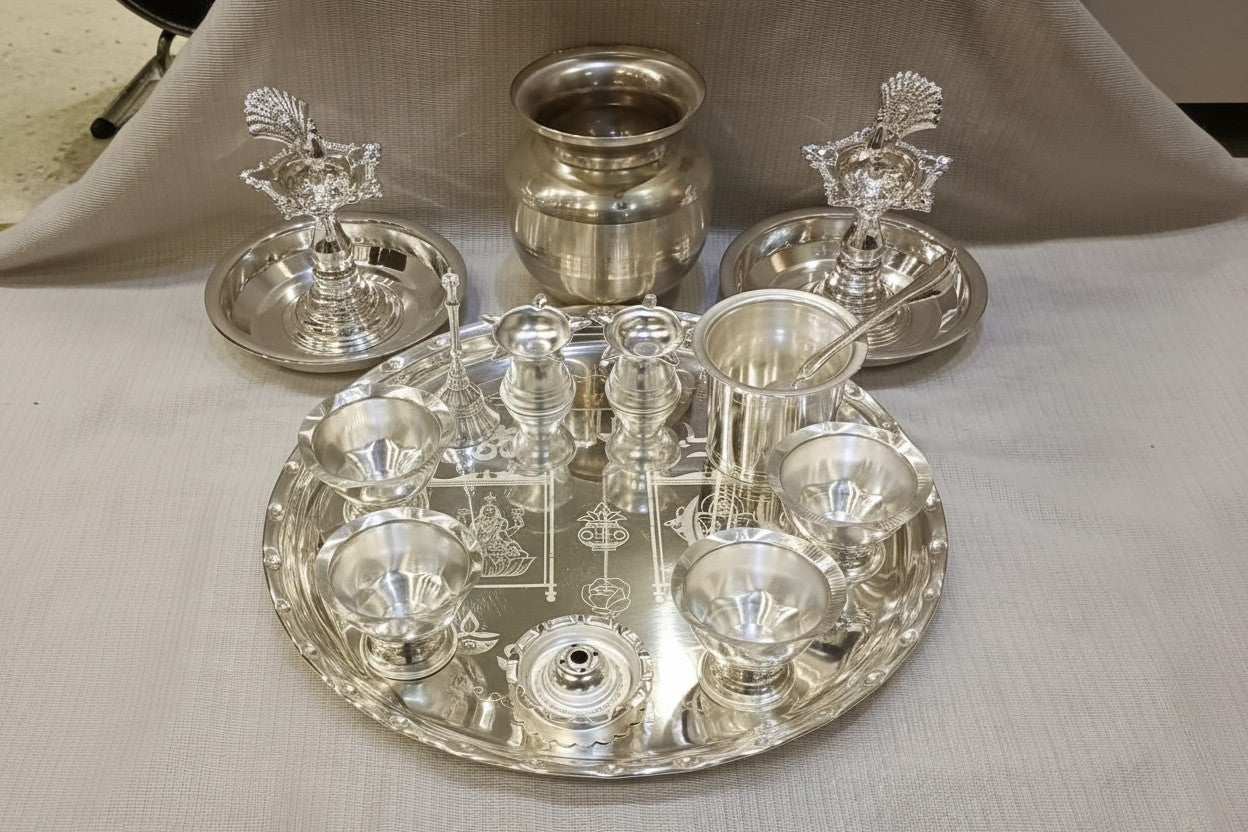 Silver-Plated Pooja Thali Set – 15 Piece Complete Ritual Kit for Puja & Festivals