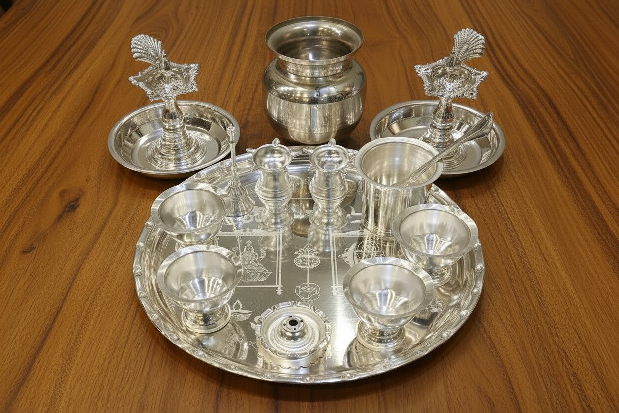 Silver-Plated Pooja Thali Set – 15 Piece Complete Ritual Kit for Puja & Festivals