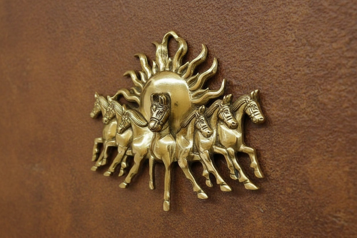 Handcrafted Brass 7 Horses with Rising Sun – Symbol of Success, Energy & Prosperity