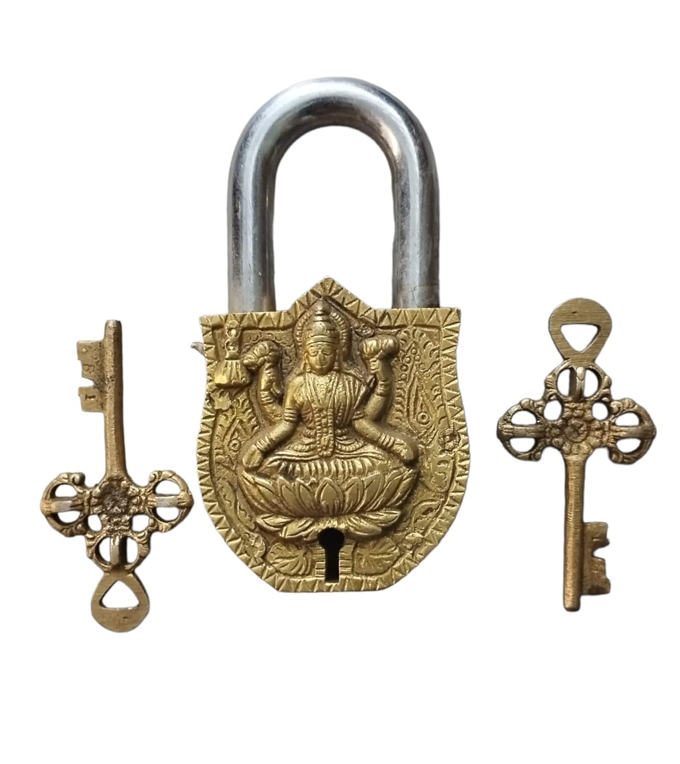 Brass Padlock  Laxmi Carved on Lock with Key Set Padlock for home/ office