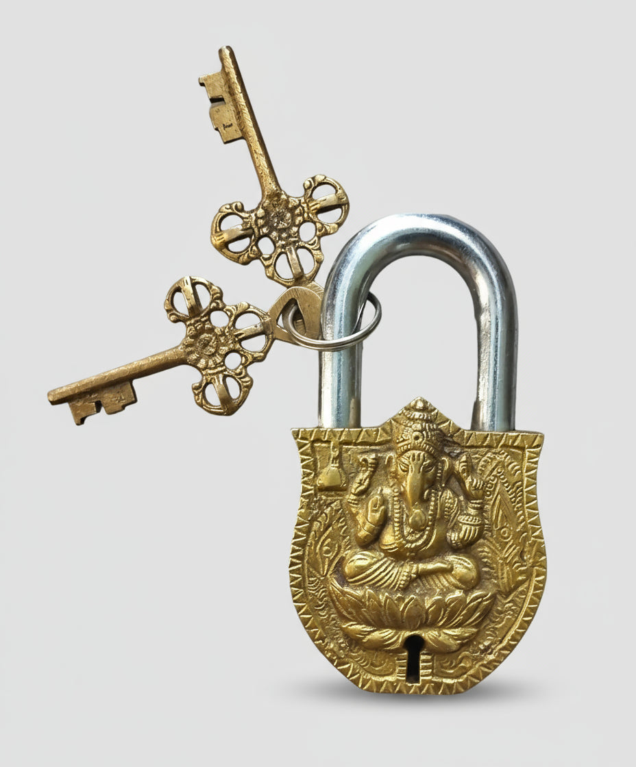 brass Handcrafted Lord Ganesha Designn Padlock with 2 Keys for home/ office