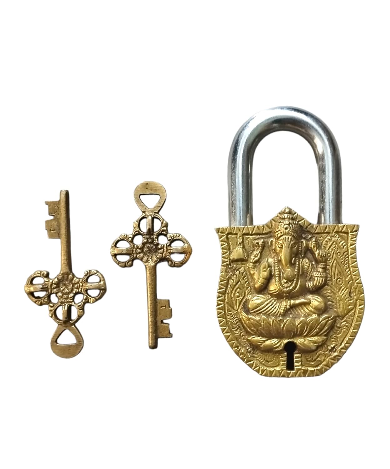 brass Handcrafted Lord Ganesha Designn Padlock with 2 Keys for home/ office