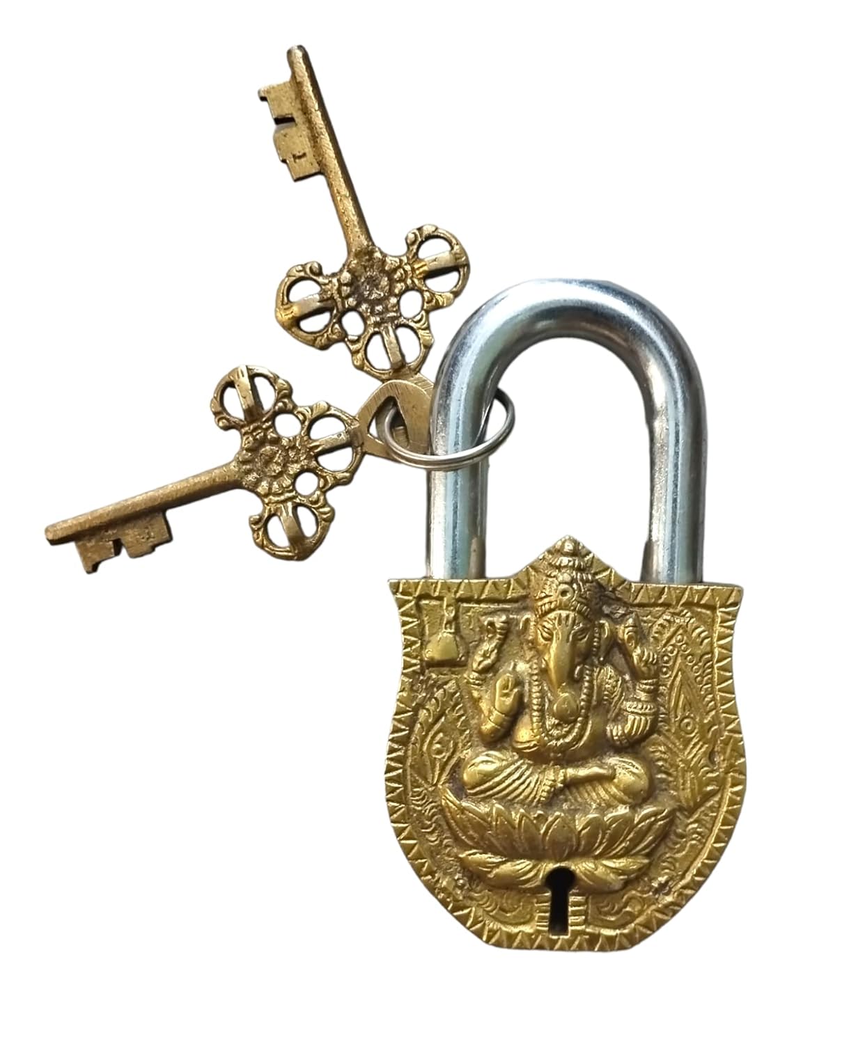 brass Handcrafted Lord Ganesha Designn Padlock with 2 Keys for home/ office