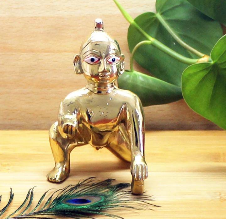 Brass Laddu Gopal Ji Idol Bal Krishna Murti for Home Temple & Janmashtami Pooja Accessory & Spiritual Gift, size 6