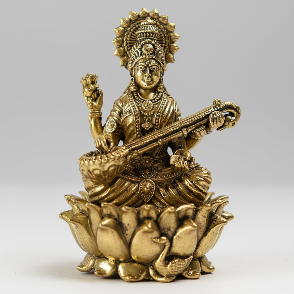 Brass Saraswati Idol – Divine Symbol of Wisdom, Music & Learning for gift/ home/office
